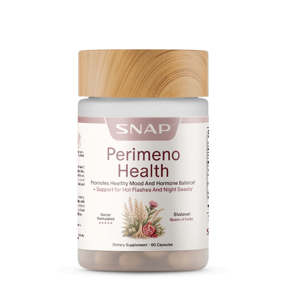 Perimeno Health. This product is a dietary supplement in a cylindrical plastic bottle containing 60 capsules