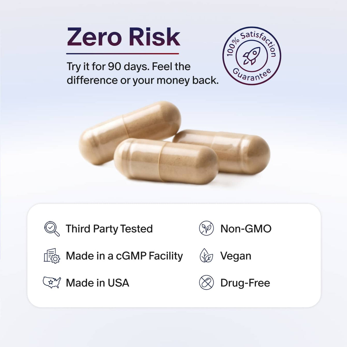 Drug-free, caffeine-free capsules — made in a cGMP facility, third-party tested, made in USA.