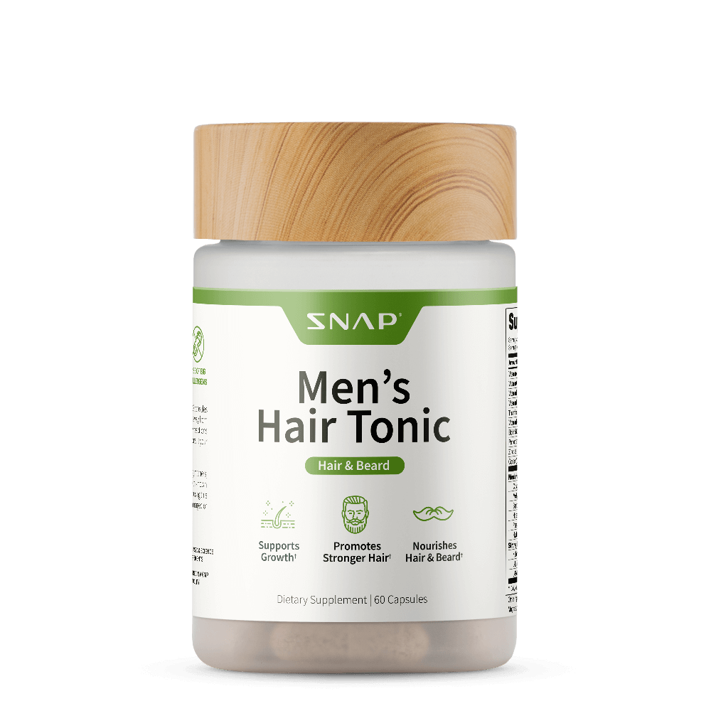 Hair Growth Supplement for Men. This product is a dietary supplement in capsule form, packaged in a cylindrical plastic bottle with a wood-grain patterned lid